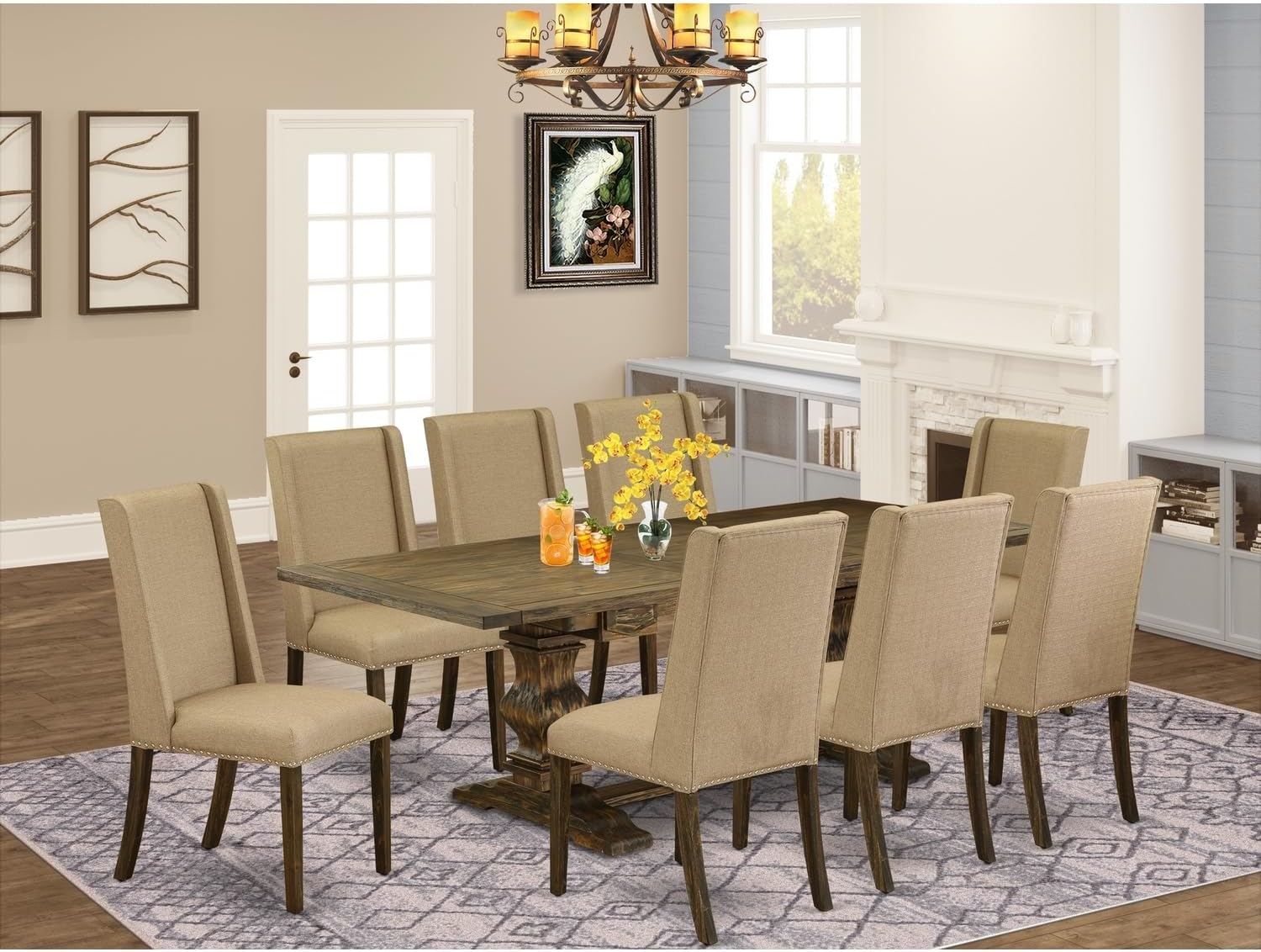 Victorian Vibes 9-Pc Dinette Set with Chairs Legs and Dark Khaki Linen Fabric Living Room Chairs Set of 8 and Rectangular Dining Table - Distressed Jacobean Finish