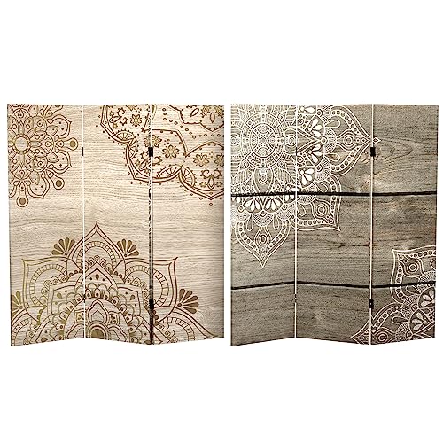 Red Lantern 2 ft. Short Double Sided Mandala on Oak Canvas Folding Screen 4 Panel Freestanding Partition and Separator for Modern and Contemporary Bedroom, Home Office, Studio, Dorm, Apartment