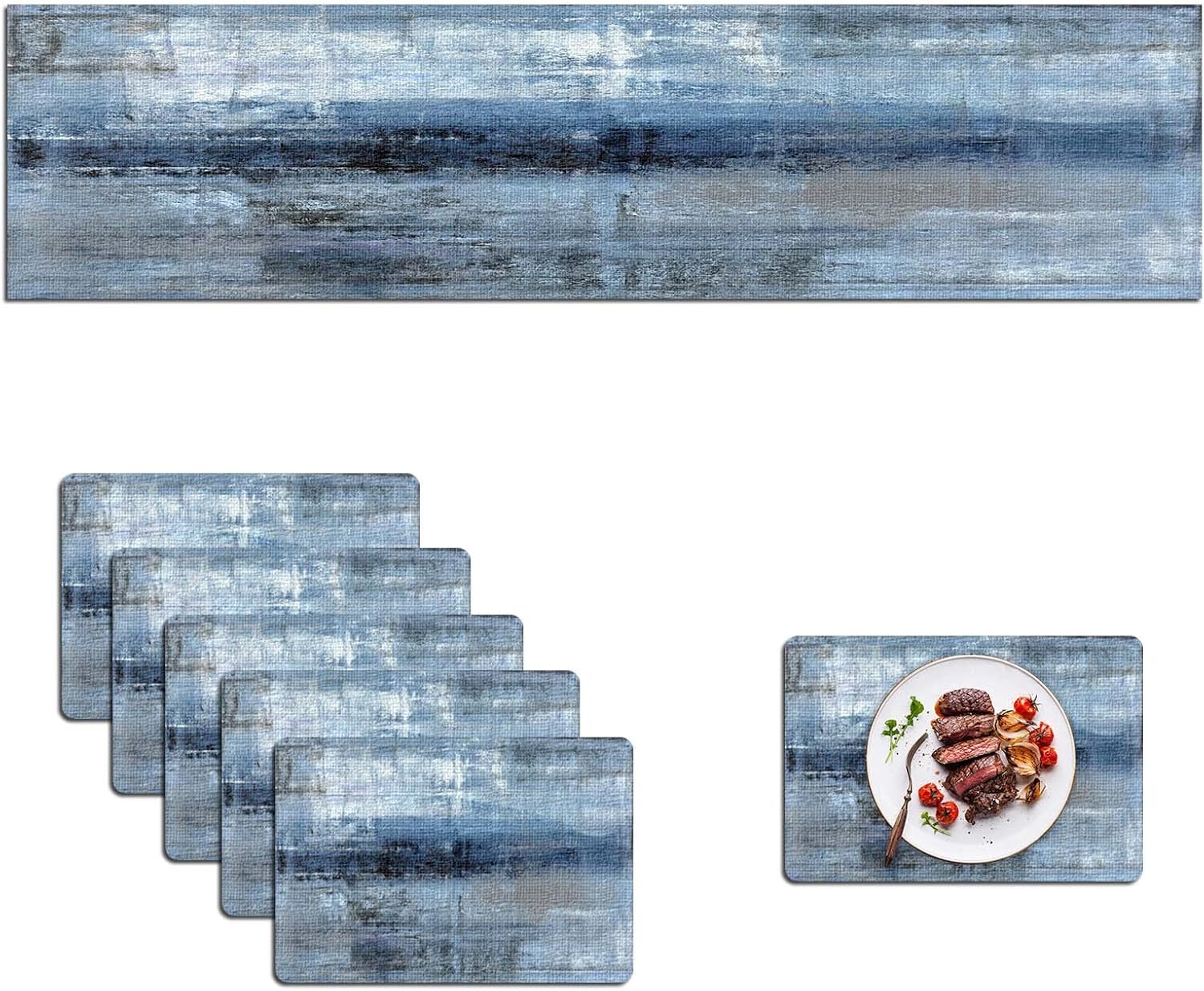 Mcalk Dark Blue Table Runner and Placemats Set of 6 Pieces, Blue Placemat, Cloth Place Mats Indoor for Kitchen, Washable Abstract Placemats Linen Material for Dining Table