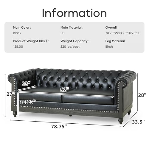 Fabric Chesterfield Sofa - Retro Style Tufted Back 3-Seater Couch with Rolled Arms, Rivet Design, Loveseat for Living Room, Office, Apartment, Charcoal