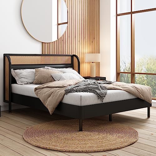 Merax Modern Rustic Solid Wood Platform Bed with Rattan Headboard Full Bed Frame No Box Spring Needed/Easy Assemble,Black