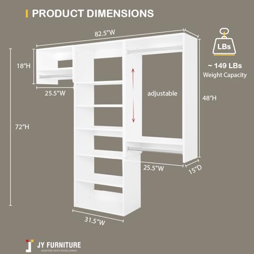 JY Furniture Modular Closet Systems, Wood Closet System with Adjustable Shelves & Hanging Rods, Custom Built-In Set of 3 Wall mounted Clothes for Bedroom, Dressing room (106.5