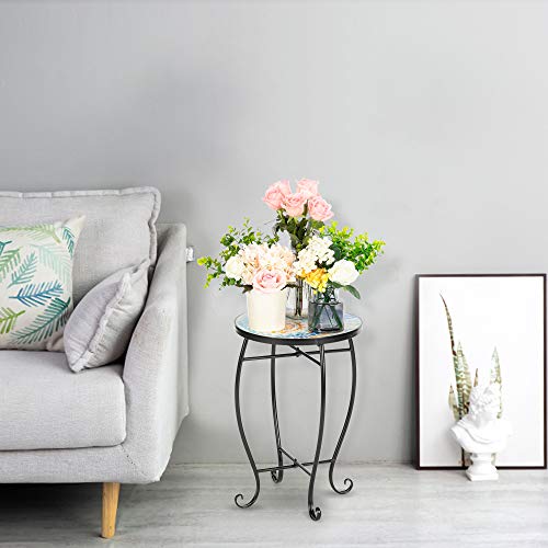 14”Outdoor Side Table,Blue Hawaiian Inlaid Color Glass Sun Mosaic Round Terrace Bistro Table, Small Mosaic Coffee End Table with Metal Frame for Garden, Patio,Balcony (Green Flower)