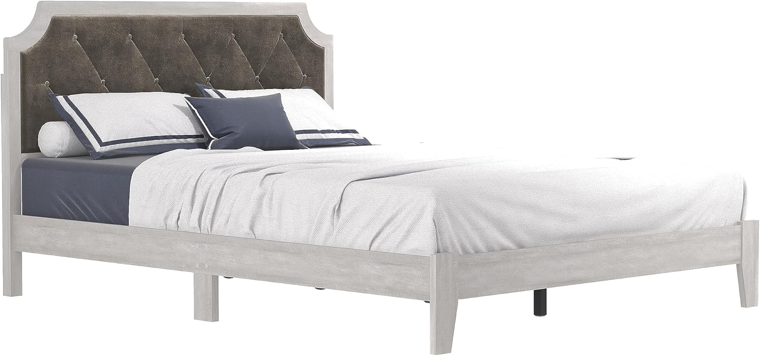Galano Annifer Queen Platform Bed Frame with Cushioned Upholstered Headboard & Wooden Slats Support, Mattress Foundation, No Box Spring Needed, 62.99