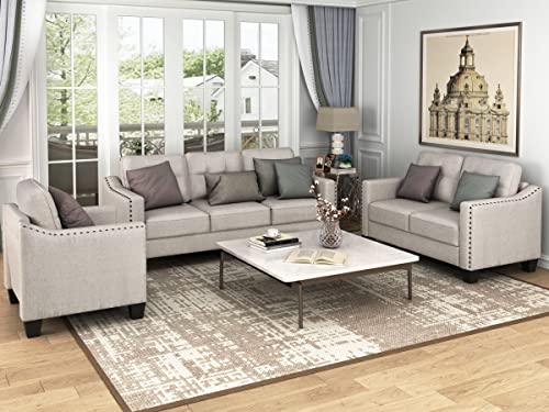 P PURLOVE 2 Pieces Fabric Sofa Set, Living Room Furniture Set, 1 Upholstered Loveseat and 1 Three Seat Sofa for 5 Persons, Gray