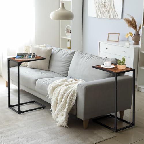 melos C Shaped End Table, Snack Side Table, C Tables for Couch, Couch Tables That Slide Under, for Living Room, Bedroom, Rustic Brown