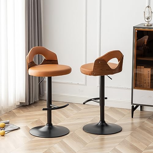 Swivel Bar Stools Set of 2,Mid Century Modern Faux Leather Barstools,Adjustable Counter Height Bar Chairs with Low Back for Kitchen Island Counter Stool(Black)