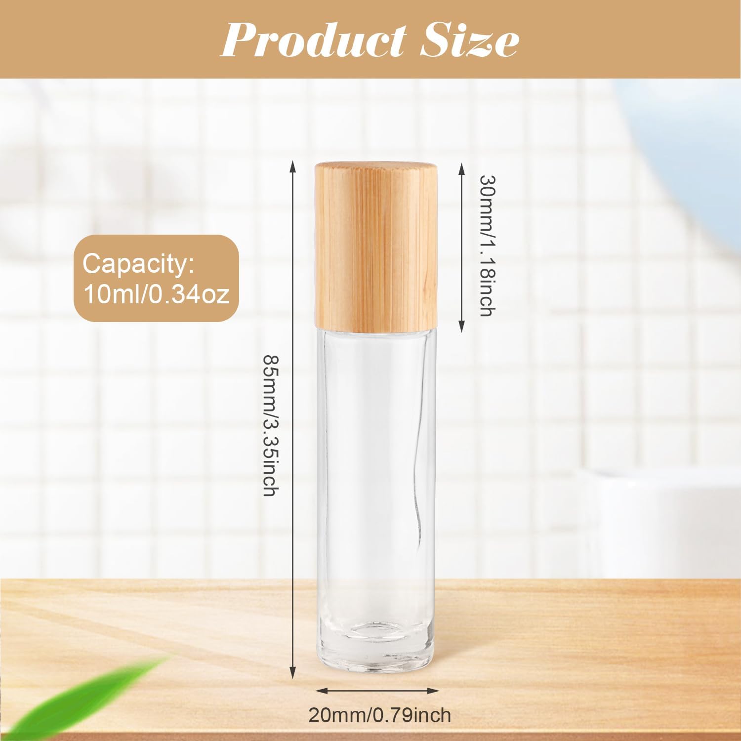 20 Pcs 10ml/0.34oz Roll On Bottles Clear Glass Essential Oil Roller Bottle Refillable Perfume Sample Bottles with Bamboo Lids & Stainless Steel Roller Ball -1 X Opener & 2 X Pipettes