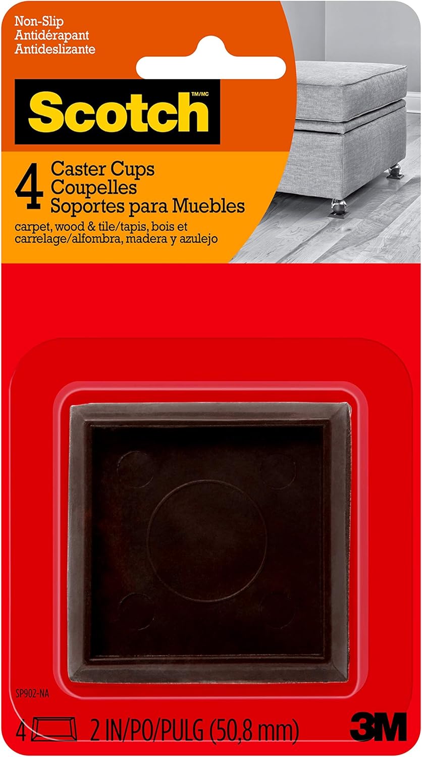 Scotch Caster Cups SP902-NA, Square Hard Brown, Floor Protectors for Furniture, 2-in, 4/Pack, 6-Packs, 24 Total