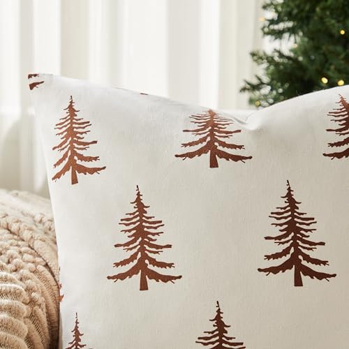 100% Cotton Christmas Pillow Covers Set of 2, 18x18 Inch Christmas Green, Winter Tree Print Decorative Xmas Throw Pillow Covers Cushion Case Winter Home Decor for Sofa Bed Living Room