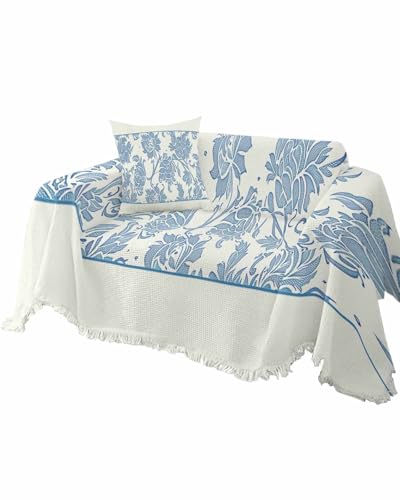 Couch Covers for Cushion Sofa, Blue Spring Floral Sofa Protector for 2 Cushion Couch Washable Dog Seat Cover, Ethnic Boho Vintage Botanical Tassel Sofa Covers for Sectional Slipcovers, L-71