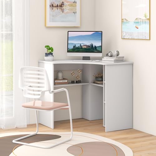 GOFLAME L-Shaped Computer Desk, Corner Study Writing Desk with Storage Shelves, Compact Computer Workstation with Adjustable Shelf for Home Office, Natural