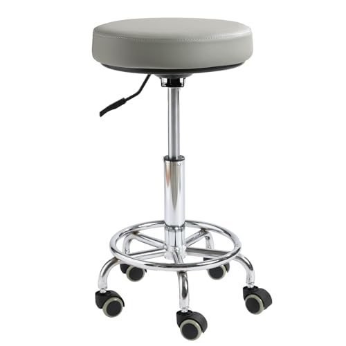 Adjustable Rolling Stool with Wheels - Ergonomic Salon & Tattoo Artist Chair, Office Stool with Comfortable PU Leather Seat, Grey