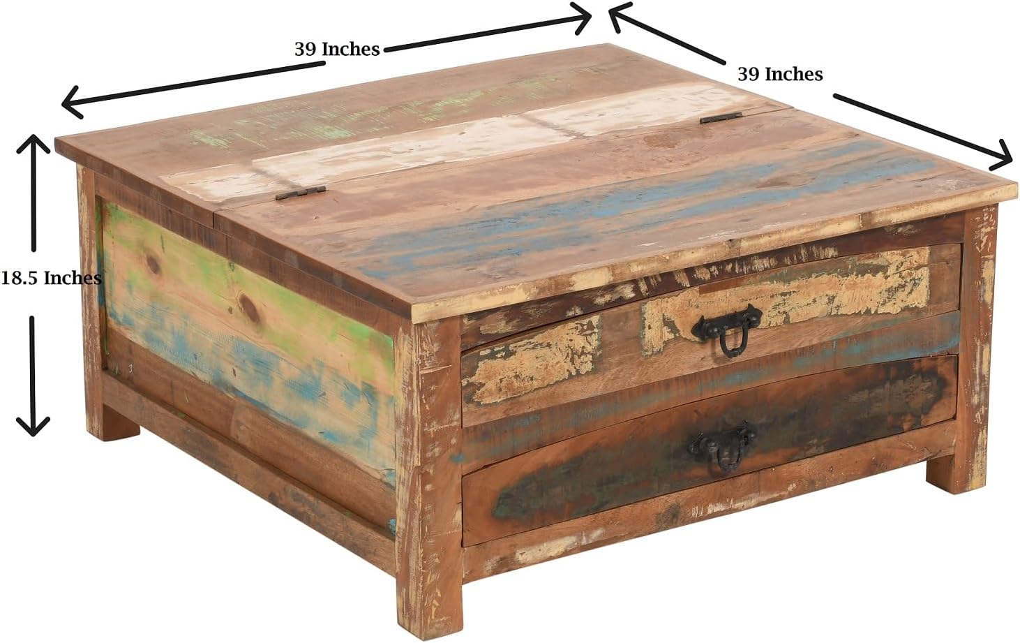 Sundara Furnishings Handcrafted Solid Reclaimed Wood Coffee Table with Two Drawers and Hidden Trunk Storage Rustic Square Center Table for Living Room, Office