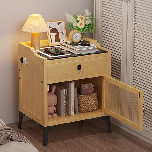 Nightstand with Wireless Charging Station with USB Ports Bedside Tables with Drawer and Shelf Night Stand End Table with Solid Wood Bed Side Table with Storage Drawer Dresser for Bedroom Living Room