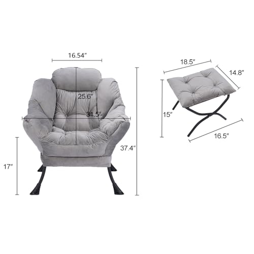 Modern Fabric Large Lazy Chair, Accent Oversized Comfy Reading Chair, Thick Padded Cozy Lounge Chair with Armrest, Steel Frame Leisure Sofa Chair for Living Room, Bedroom, Dorm (Light Gray)
