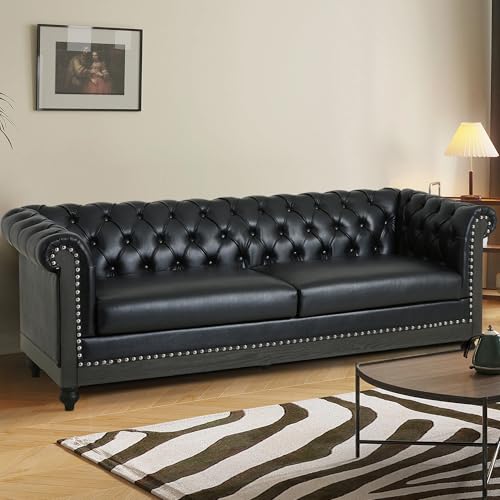Fabric Chesterfield Sofa - Retro Style Tufted Back 3-Seater Couch with Rolled Arms, Rivet Design, Loveseat for Living Room, Office, Apartment, Charcoal