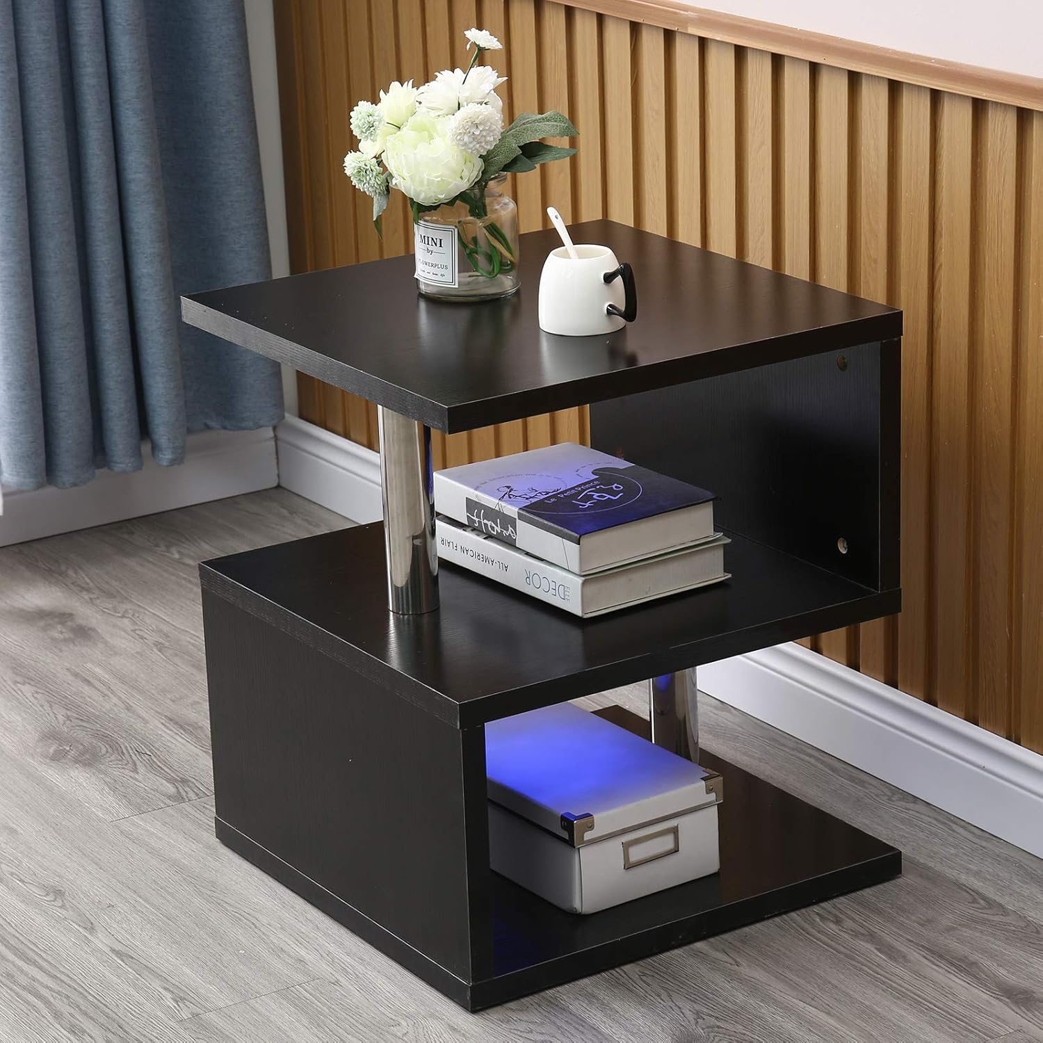 Coffee Table with LED Lights, Fashionable S-Shaped End Table with Open Storage Shelf, Modern High Gloss Tea Table LED Coffee Side Table for Living Room Bedroom, Black