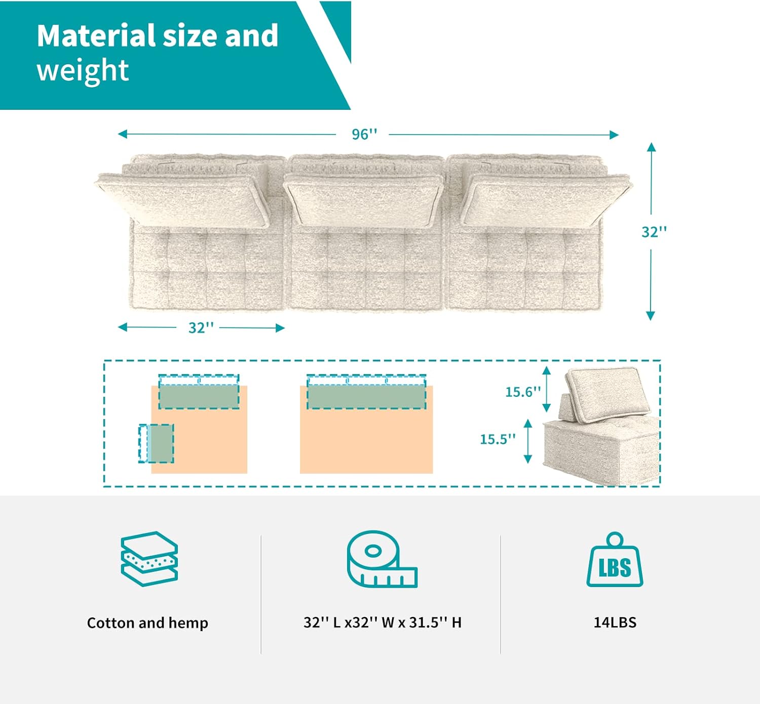 BALUS Modular 3 Seater Sofa Couch, Modern Sectional Sofa Couch, Armless Floor Sofa Couch, Soft Fabric Sofa Bed for Bedroom, Living Room and Sturdy Room, Free Combination, 3 PCS, Beige