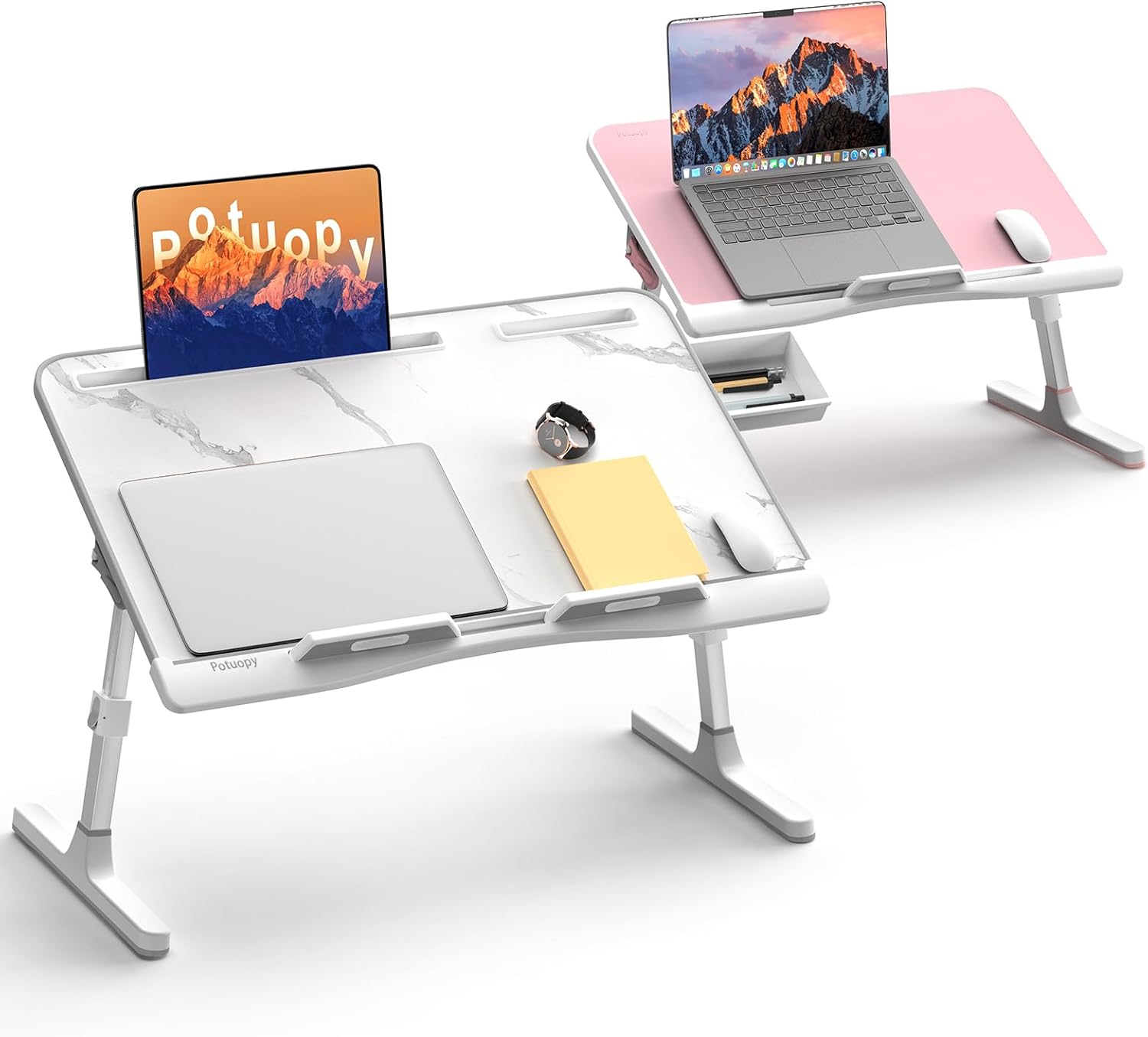 Laptop Bed Desk, Potuopy Adjustable Folding Lap Desk Tray, Stable Bed Table Tray with Drawer on Couch Floor Bed for Eating Writing Drawing Working, X-Large Marble and Large Pink