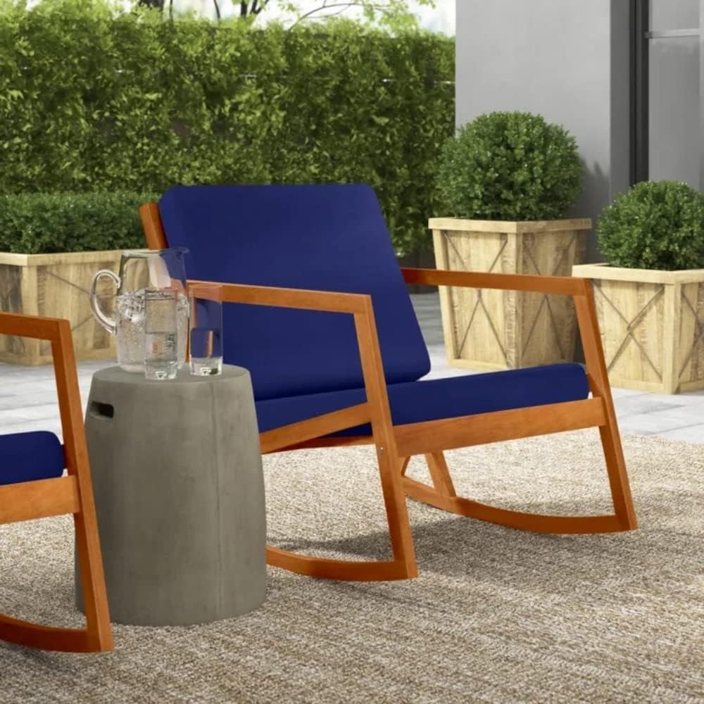 Modern Style Outdoor Patio Rocking Chairs in Solid Wood with Highly Comfortable Cushions | Curved Rocker Base & Straight Armrests | Natural Frame & Soft Rectangle Seat & Back Blue Cushion with Ties