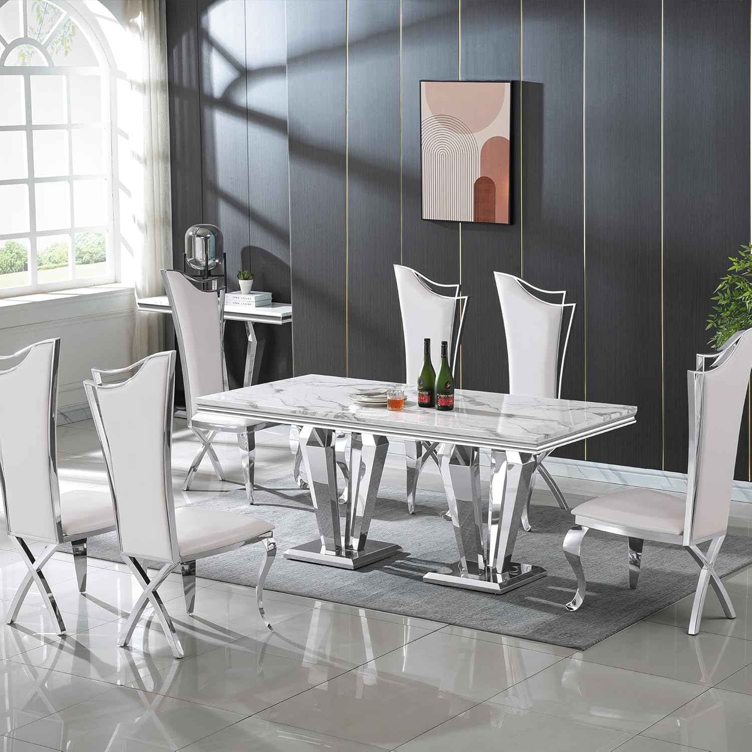 Henf Luxury Dining Table Set for 6, 7 Piece Faux Marble Kitchen Dining Room Table and 6 White PU Leather Upholstered Chairs w/Stainless Steel Legs, Modern Marble Kitchen Dining Table and Chairs Set