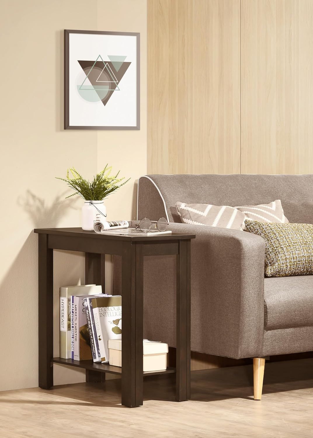 Contemporary Chairside Table with Open Bottom Shelf 1Pc Side Table Charcoal Finish Flat Table Top Solid Wood Wooden