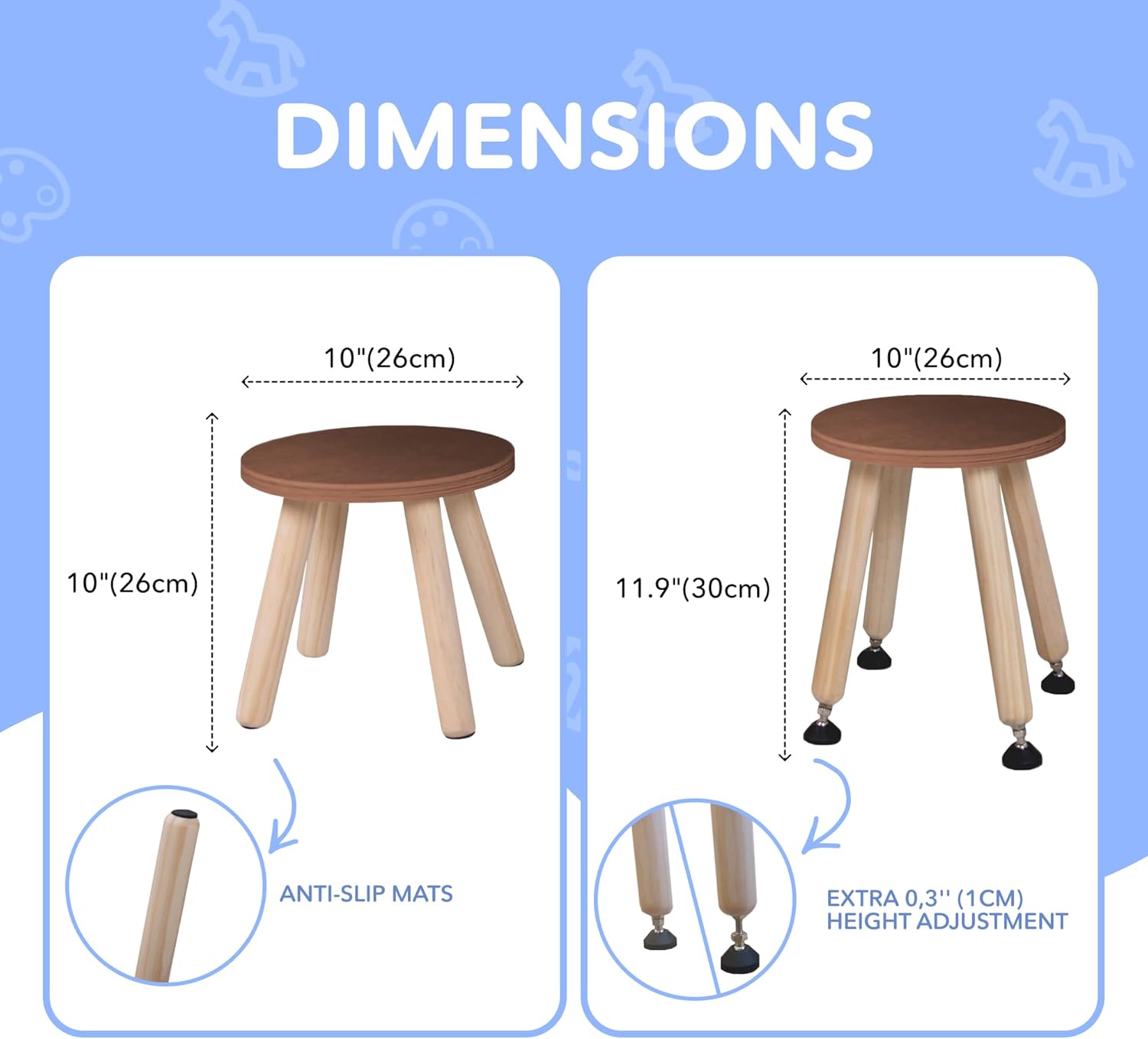 Cateam Wooden Step Stool for Kids and Toddlers - Set of 1 - Walnut - Extendable Legs Kids Chair - Sensory Table Stool - Children's Round Sitting Stool with Leveling Feet and Anti-Slip Pads