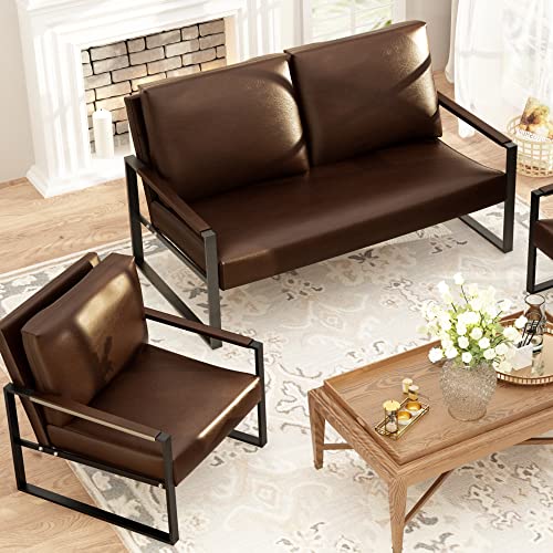 Recaceik Leather Accent Chair, Mid-Century Modern Armchair Single Sofa Chair with Pillows, Extra-Large Ergonomic Cushion, Sofa Chairs for Living Room Bedroom Waiting Room