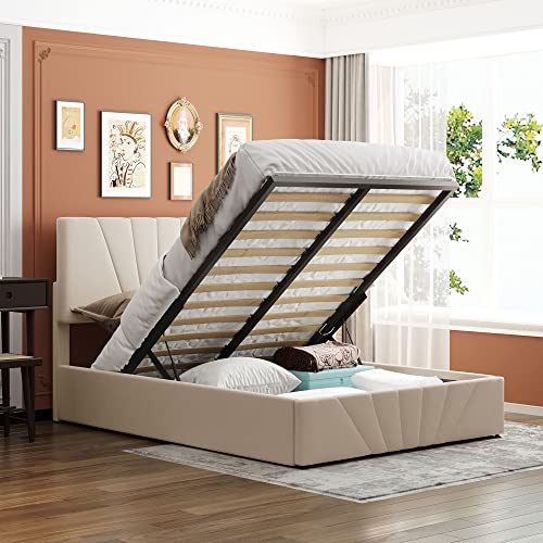 Full Upholstered Platform Bed with Gas Lift up Storage, Full Size Bed Frame with Storage Underneath and Upholstered Headboard, Wooden Platform Bed with Hydraulic Storage System, Grey