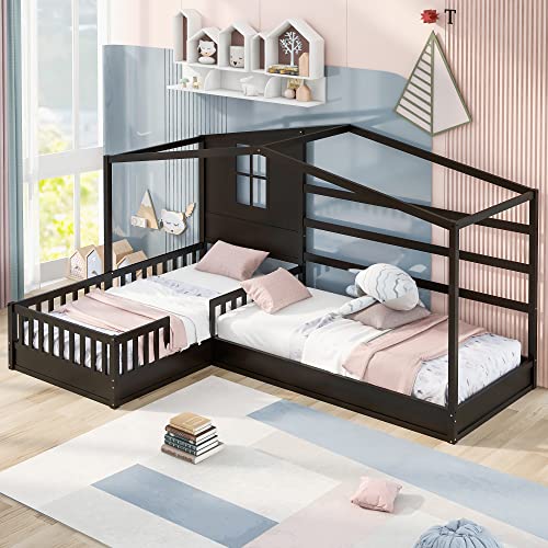 Twin Size L-Shaped Structure House Bed, Bedroom Furniture Pine Wood House Bed Frame with One Full Fence Bed and Decorative Panel at The Back, for Kids & Teens (White)
