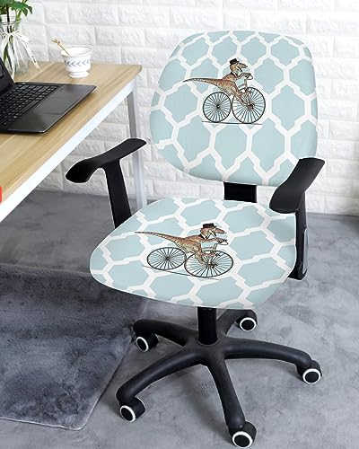Office Chair Covers Stretchable, Cartoon Dinosaur Gentleman Riding a Bike Morocco Geometric Pattern Blue Elastic Removable Rotating Desk Chair Slipcovers Computer Chair Seat & Back Cover Set