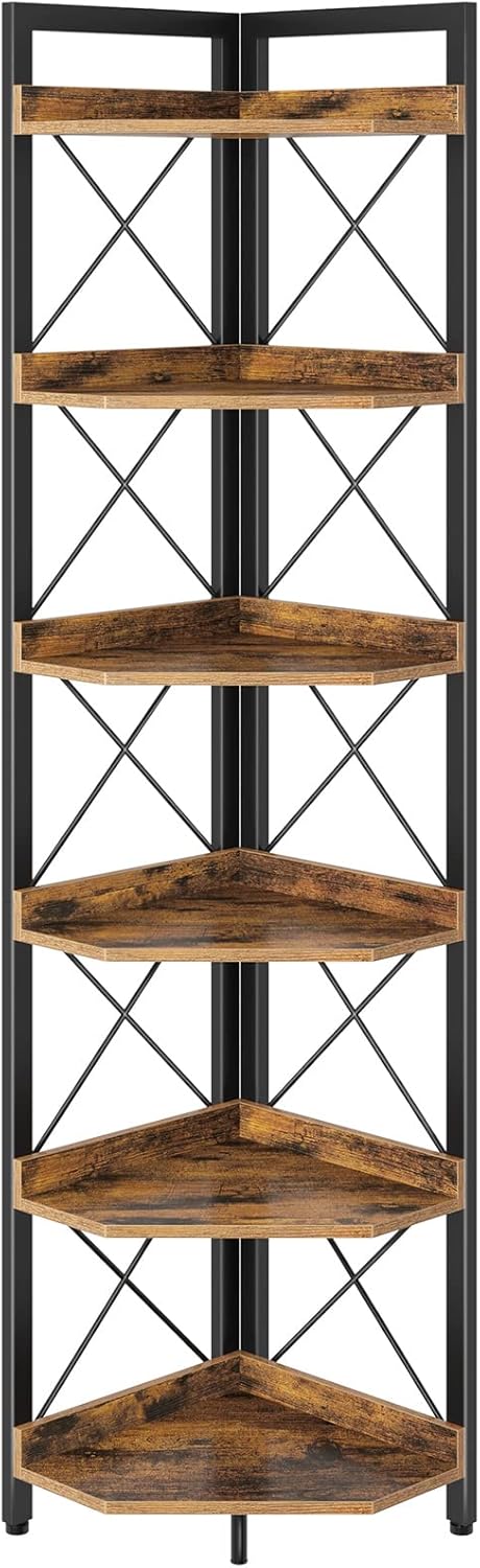 Rolanstar Corner Shelf, 6 Tier Book Shelf Display Shelves, Corner Ladder Shelf Plant Stand for Living Room, Kitchen, Balcony, Small Space, Rustic Brown