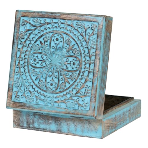 Wooden Box - Keepsake Box With Lid- Memory Box For Keepsake - Crystal kit Box for Keeping Stones, Engraved Design, Jewelry Box, Trinket Box - Sky Blue
