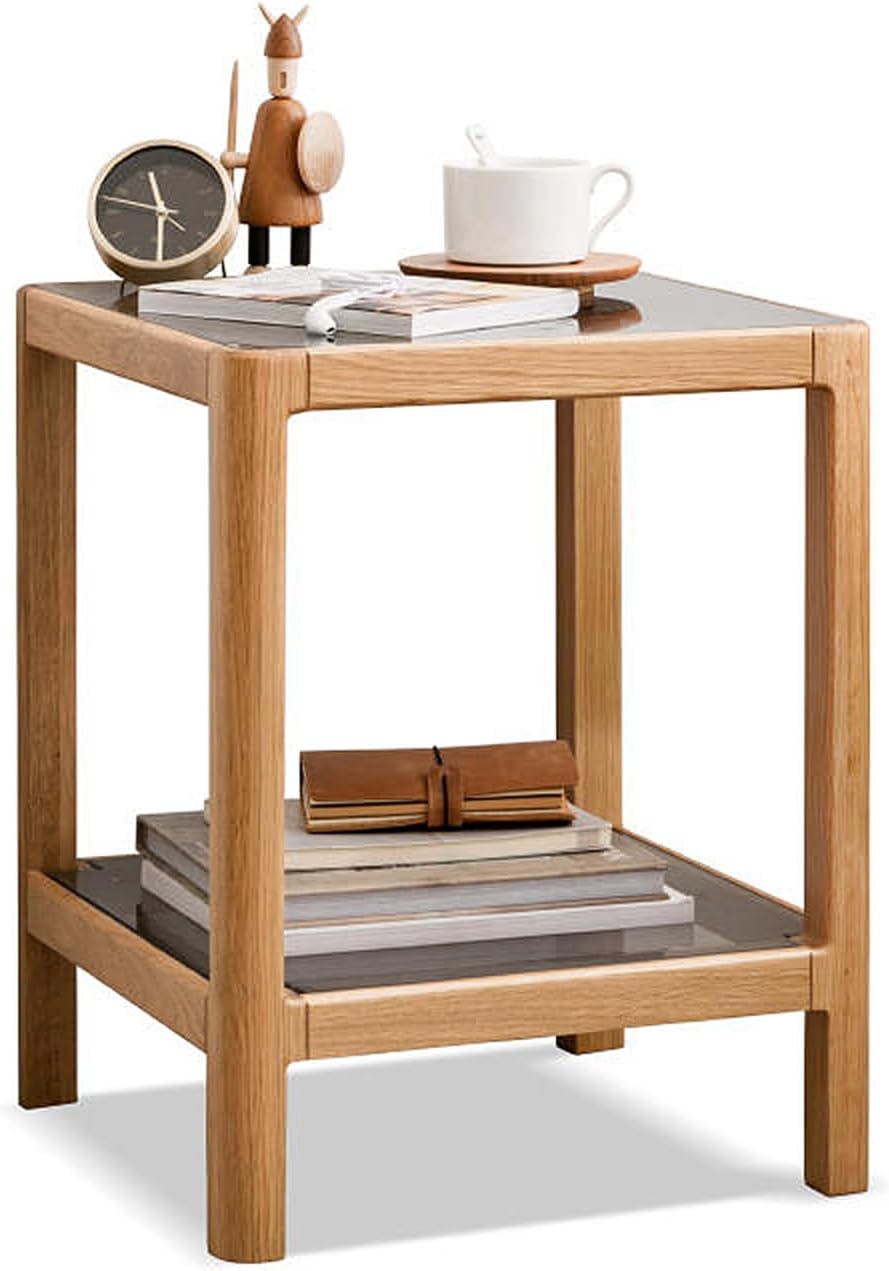 Square Glass Side Table with Solid Wood, 2-Layer Glass Modern End Table Night Stand Sofa Table for Living Room Bedroom