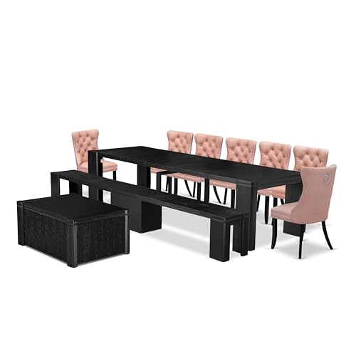 Extendable 6-Piece Set a Kitchen Coffee Table and 2 Wooden Benches and 2 Beige Red Faux Leather Dining Chairs, 39x120 Inch, Wire Brushed Black