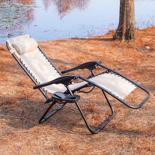 Zero Gravity Folding Reclining Lounge Chair with Pillow,Adjustable Reclining Patio Chairs,Side Table for Home/Office/Camping/Pool Yard with Cup Holder (Beige)