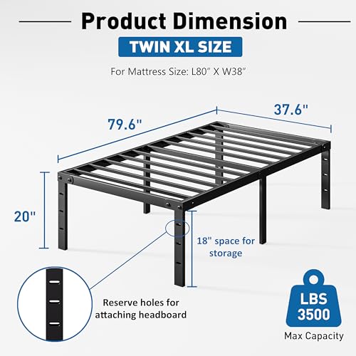King Size Tall Bed Frame, 20-Inch Metal Platform Base with 18-Inch Storage Space, Heavy Duty Steel Slats, Easy Assembly, Noise-Free, No Box Spring Needed, Non-Slip, Black…