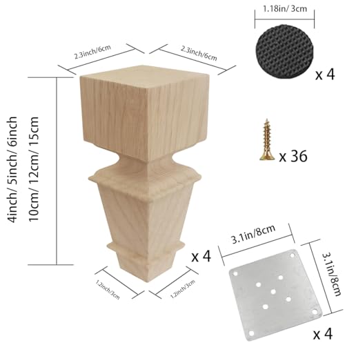 Wood Furniture Legs 6 Inch wooden Bun Feet Unfinished Couch Sofa legs Natural Replacement Wooden Legs Furniture Feet Table Cabinet Dresser Bed Frame Legs (1303, 6 inch)