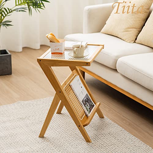 Tiita Rattan Nightstand Side Table, Bamboo Accent Bedside Tables, Glass Coffee Tables, Boho Wooden End Table with Storage for Small Space, Living Room and Bedroom