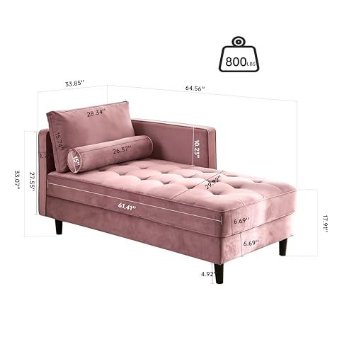 64'' Velvet Chaise Lounge Indoor, Modern Longue Chair Indoor Chaise Longue with Armrest & Pillow, Button Tufted Lounge Sofa for Small Space, Living Room, Bedroom, Apartment, Pink