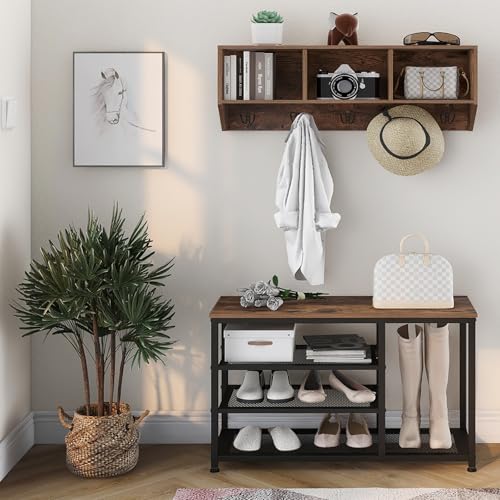 Coat Rack Shoe Bench Set Entryway Hall Tree with Bench Shoe Rack Wall Mounted Coat Rack 3 Storage Cubbies Display Shelf for Hallway Wooden and Metal Frame (Brown)