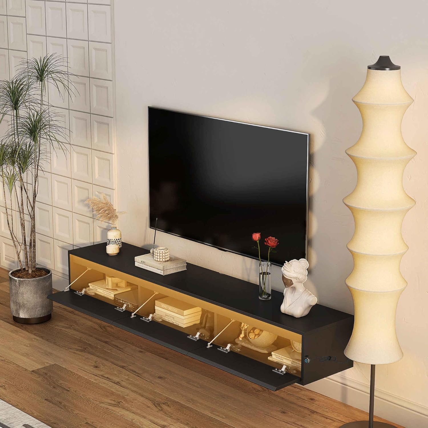Floating TV Stand, Wall Mounted TV Shelf with Led Lights & Power Outlet, High Gloss TV Cabinet,Black Media Console tv Stands with Doors for Living Room,Bedroom