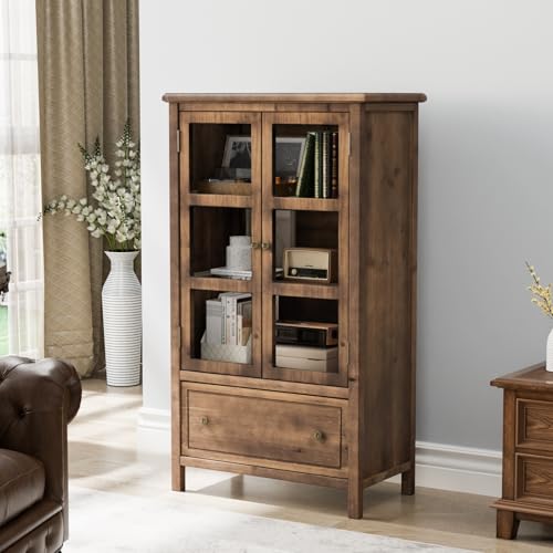VINGLI Display Cabinet with Glass Doors and Drawer, Tempered Glass Cabinet Display Case, Rustic White Storage Cabinet with Doors and Shelves, Showcase Display Cabinet w/Cedar Finish & Solid Wood Leg