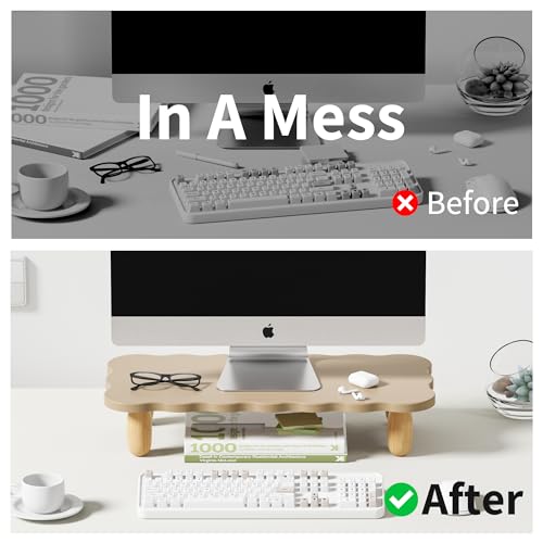 Monitor Stand Riser, Cookie-Shaped Sturdy Wood Computer Monitor Riser, Laptop Monitor Stand, Multi-Purpose Desktop Organizer Riser for Computer, Laptop, Printer, TV, White