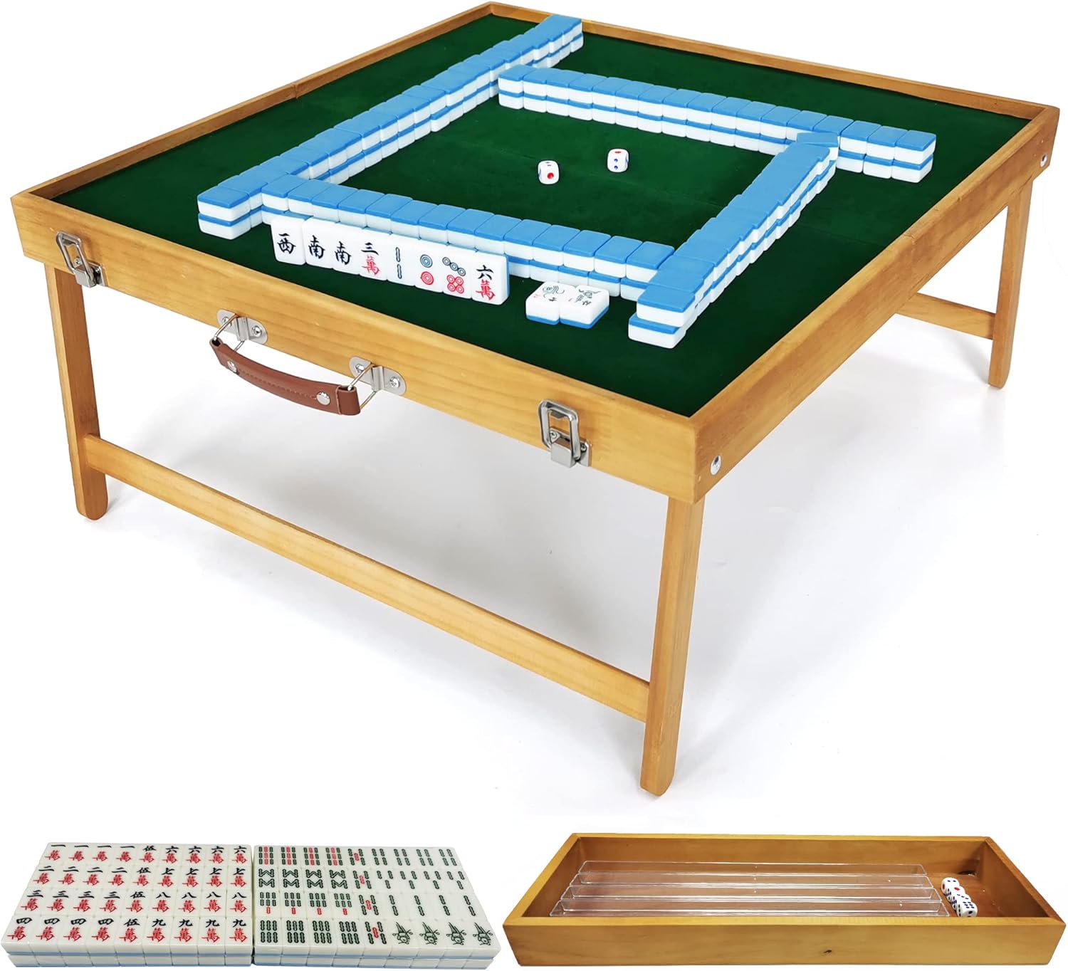 steelway Mahjong Table with Tiles Set, Portable Mahjong Game Set of Foldable Wooden Table with 144pcs Mah Jongg Tiles,1pc MaJiang Tile Storage Box, 1pc Bag and 4pc All in One Racks [麻将套装]
