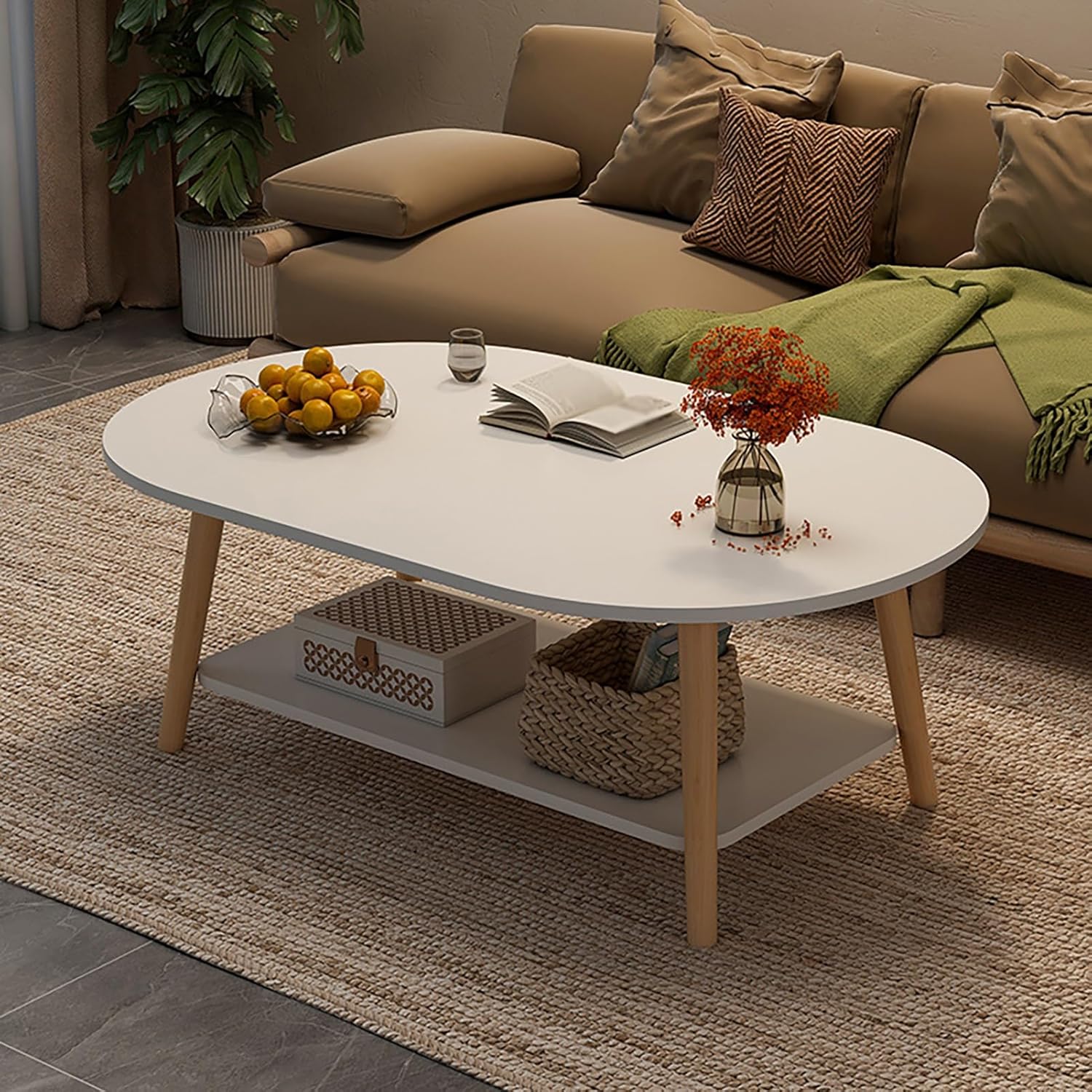 Oval Coffee Table, with Open Shelving for Storage and Display 2 Tier Sofa Table, Modern Furniture Living Room&Home Office, Sturdy and Easy Assembly, ERQ668