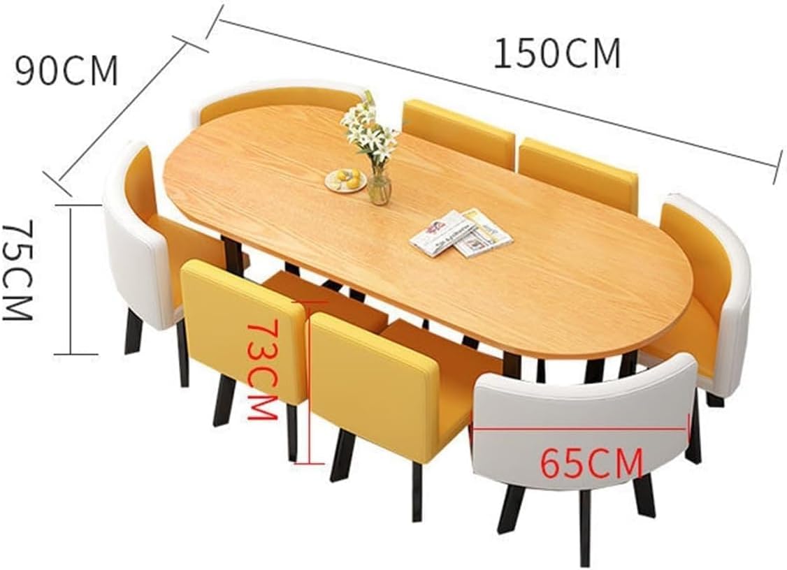 Oval Conference Dining Table and 6 Chairs Pu Seat Surface, Wooden Table Top and Metal Frame Business Office Reception Table Set