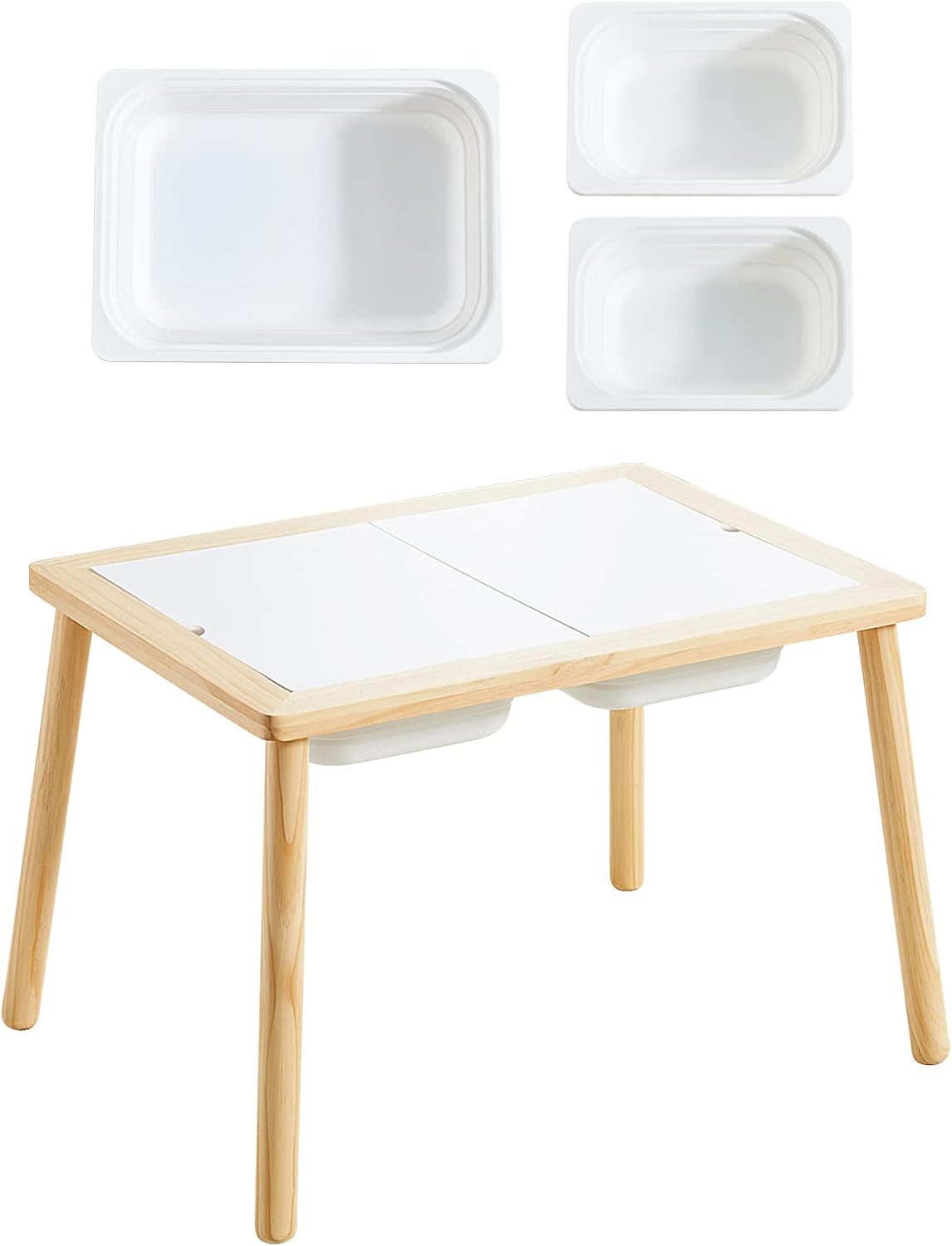 Beright Wooden Sensory Table with 1 Large and 2 Small Storage Bins