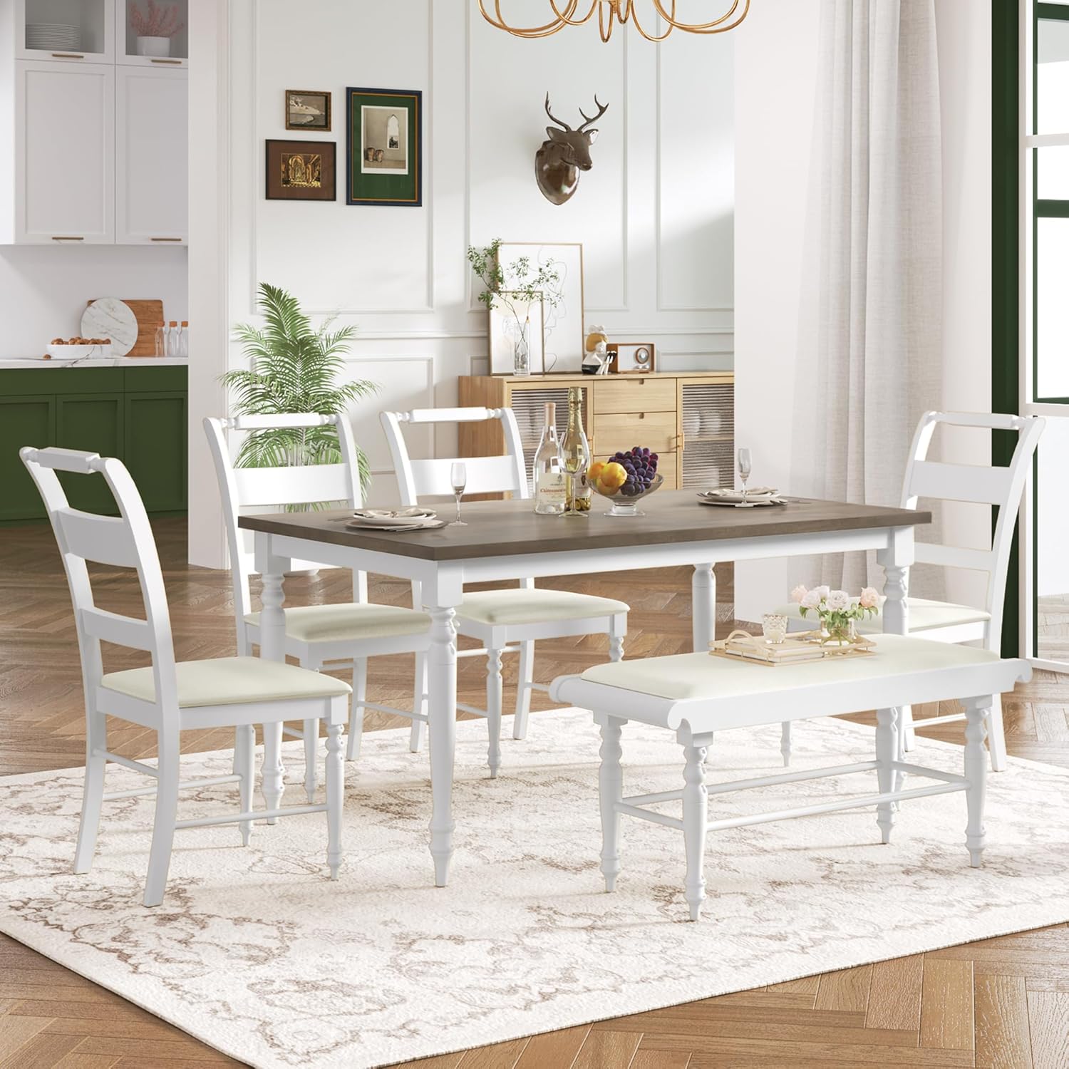 6-Piece Dining Turned Legs, Retro Style Wood Rectangular Kitchen Table Set with 4 Upholstered Chairs and Bench, White